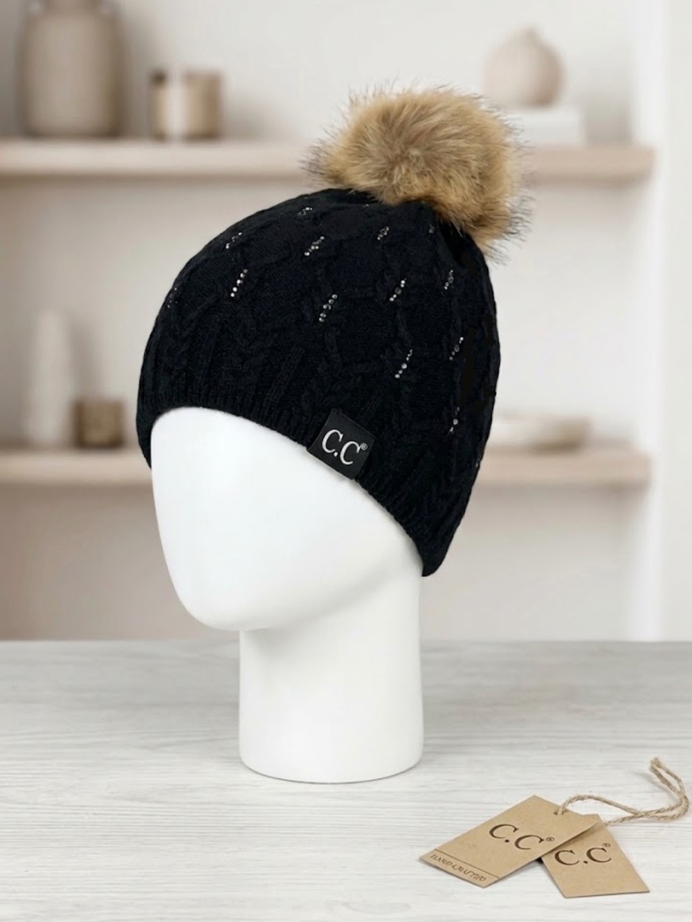 C.C Women Black Knit Beanie with Tan Pom and Rhinestones
